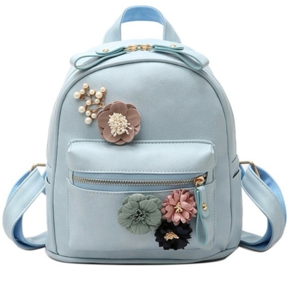 Handbags - Floral Embellished Light Blue Backpack